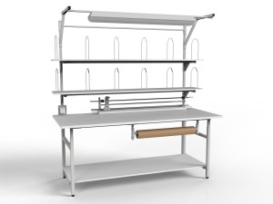 Duży stół do pakowania SPR z trzema półkami separatorami i oświetleniem