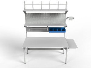 Regulowany stół do pakowania paczek SPR z uchwytem na monitor półkami rolką i pojemnikami