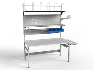 Regulowany stół do pakowania paczek SPR z uchwytem na monitor półkami rolką i pojemnikami