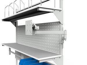 Regulowany stół do pakowania paczek SPR z uchwytem na monitor półkami rolką i pojemnikami