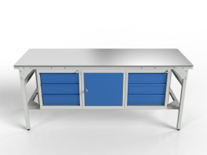 Stół warsztatowy SMWK1K 2000x900x800 mm z blatem z blachy i trzema szafkami