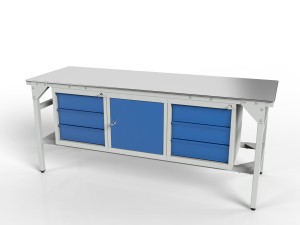 Stół warsztatowy SMWK1K 2000x900x800 mm z blatem z blachy i trzema szafkami