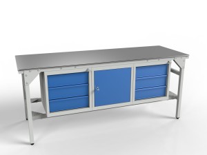 Stół warsztatowy SMWK1K 2000x900x800 mm z blatem z blachy i trzema szafkami
