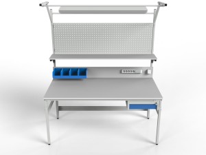 Stół monterski z regulacją wysokości, centralnym oświetleniem, półką