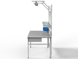 Stół monterski z regulacją wysokości, centralnym oświetleniem, półką