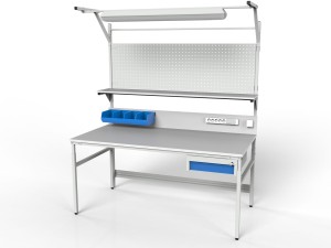 Stół monterski z regulacją wysokości, centralnym oświetleniem, półką