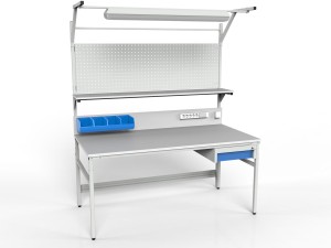 Stół monterski z regulacją wysokości, centralnym oświetleniem, półką