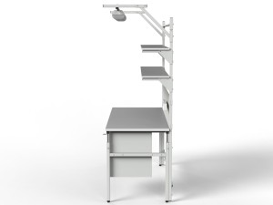 Stół roboczy z regulacją wysokości, dwiema półkami, ścianką i oświetleniem