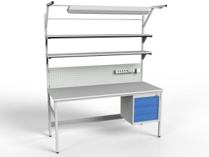 Stół roboczy z regulacją wysokości, dwiema półkami, ścianką i oświetleniem