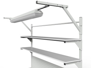 Stół roboczy z regulacją wysokości, dwiema półkami, ścianką i oświetleniem