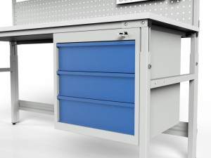 Stół roboczy z regulacją wysokości, dwiema półkami, ścianką i oświetleniem