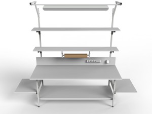 Stół kompletacyjny SP z półkami bocznymi i oświetleniem w wersji o niestandardowych wymiarach blatu