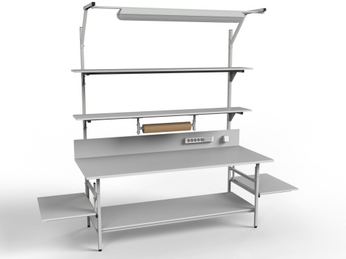 Stół kompletacyjny SP z półkami bocznymi i oświetleniem w wersji o niestandardowych wymiarach blatu