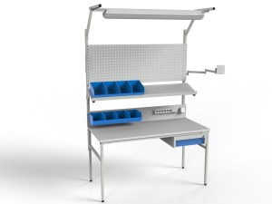 Stanowisko robocze z szufladą pojemnikami i uchwytem na monitor