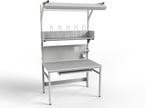 Stół monterski z regulowanym blatem, oświetleniem i szufladą na klawiaturę