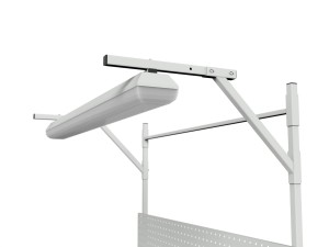 Stół roboczy z regulacją wysokości, centralnym oświetleniem, tylną ścianką, ścianką perforowaną