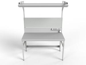 Stół roboczy z regulacją wysokości, centralnym oświetleniem, tylną ścianką, ścianką perforowaną