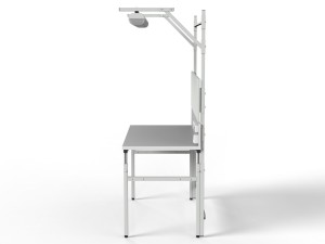 Stół roboczy z regulacją wysokości, centralnym oświetleniem, tylną ścianką, ścianką perforowaną