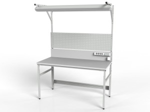 Stół roboczy z regulacją wysokości, centralnym oświetleniem, tylną ścianką, ścianką perforowaną