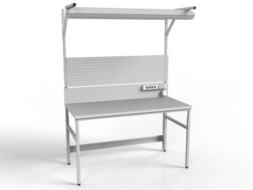 Stół roboczy z regulacją wysokości, centralnym oświetleniem, tylną ścianką, ścianką perforowaną