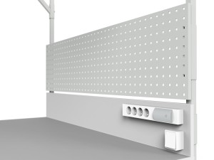 Stół roboczy z regulacją wysokości, centralnym oświetleniem, tylną ścianką, ścianką perforowaną