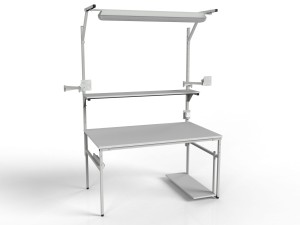 Stół roboczy SMPC z oświetleniem, dwoma uchwytami monitora i półką