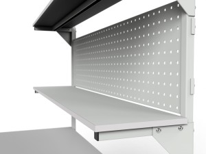 Stół roboczy z regulacją wysokości, dwiema półkami, ścianką i oświetleniem szczegóły