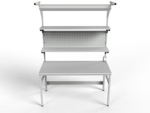 Stół roboczy z regulacją wysokości, dwiema półkami, ścianką i oświetleniem