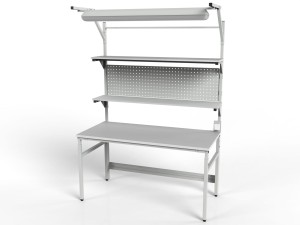 Stół roboczy z regulacją wysokości, dwiema półkami, ścianką i oświetleniem