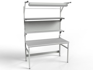 Stół roboczy z regulacją wysokości, dwiema półkami, ścianką i oświetleniem