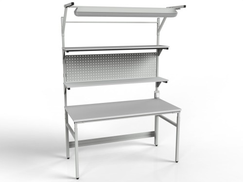 Stół roboczy z regulacją wysokości, dwiema półkami, ścianką i oświetleniem