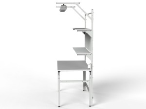 Stół roboczy z regulacją wysokości, dwiema półkami, ścianką i oświetleniem profil