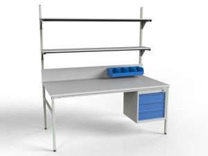 Stół roboczy z kontenerem i półkami